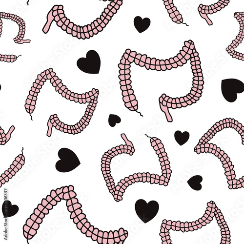 Bowel texture repeating pattern for gastroenterologist background. Fun gut shaped doodles, internal organs wallpaper