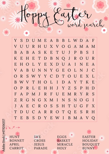 Easter word search puzzle.  Educational game. Holiday crossword  worksheet, find 16 hidden words. Party card. Fun printable spring  activities.