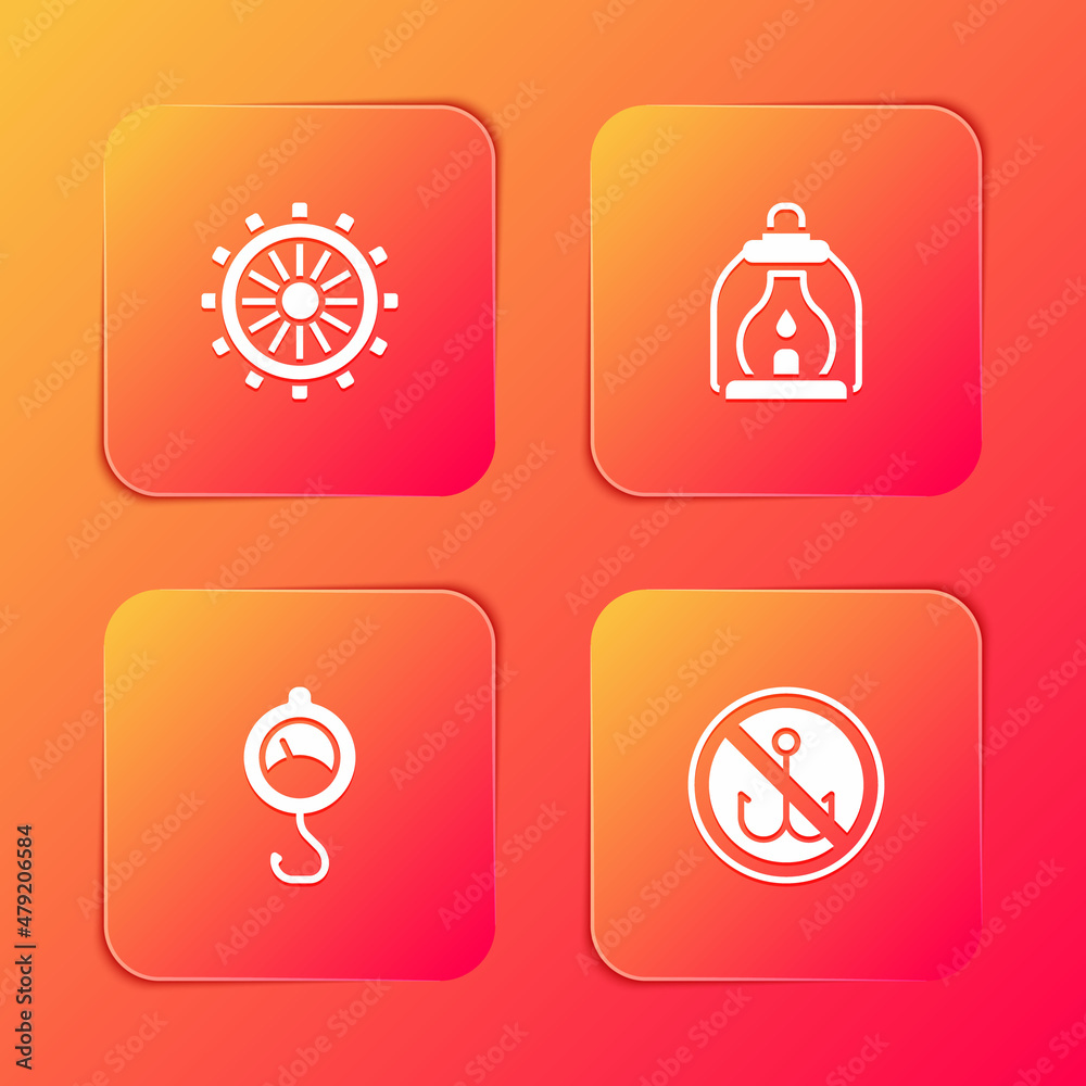 Set Ship steering wheel, Camping lantern, Spring scale and No fishing icon. Vector Set Ship steering wheel, Camping lantern, Spring scale and No fishing icon. Vector