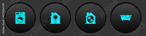 Set Washer, Search house, House under protection and Bathtub icon. Vector
