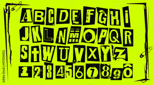 Punk typography vector alphabet and numbers. Type specimen set for grunge font flyers and posters or ransom note style designs. photo