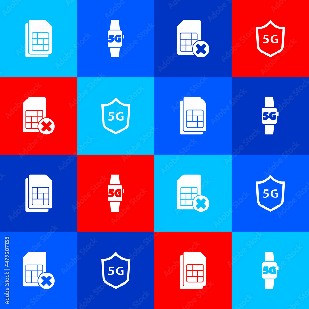 Set Sim card, Smart watch 5G network, rejected and Protective shield icon. Vector Set Sim card, Smart watch 5G network, rejected and Protective shield icon. Vector