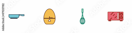 Set Frying pan, Kitchen timer, whisk and Microwave oven icon. Vector