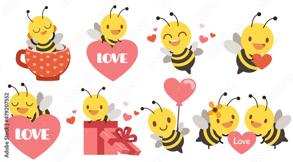 Obraz premium The collection of cute bee with heart for valentine's day. Graphic resource about valentine's day and holiday for graphic,content , banner, sticker label and greeting card.