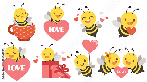 The collection of cute bee with heart for valentine s day.  Graphic resource about valentine s day and holiday for graphic content   banner  sticker label and greeting card.