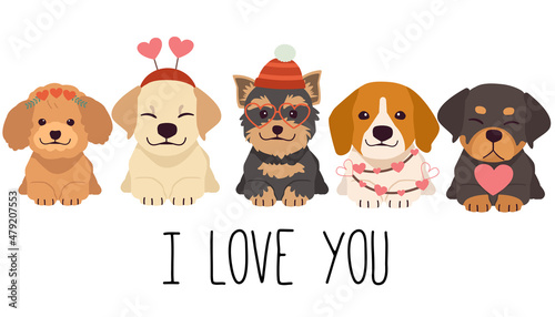 The character of cute dog with valentine's day costume theme in flat vector style.Graphic resource background, graphic,content , banner, sticker label and greeting card.