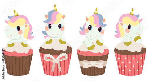 The character of cute unicorn with cupcake in flat vector style. illustation about birthday, valentine's day and holiday.