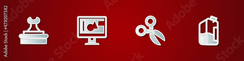 Set Stamp, Computer monitor screen, Scissors and Printer ink bottle icon. Vector