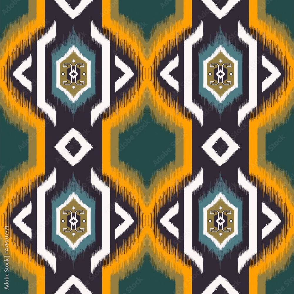 Illustration yellow-green color ikat ethnic aztec geometric shape seamless pattern background. Use for fabric, textile, interior decoration elements, upholstery, wrapping.
