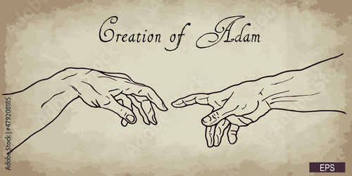 Vector hand drawn illustration of Creation of Adam reaching hands on brown old paper.