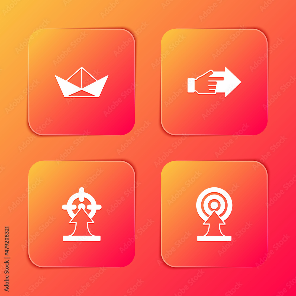 Set Folded paper boat, Hand with pointing finger, Target and arrow icon. Vector Set Folded paper boat, Hand with pointing finger, Target and arrow icon. Vector