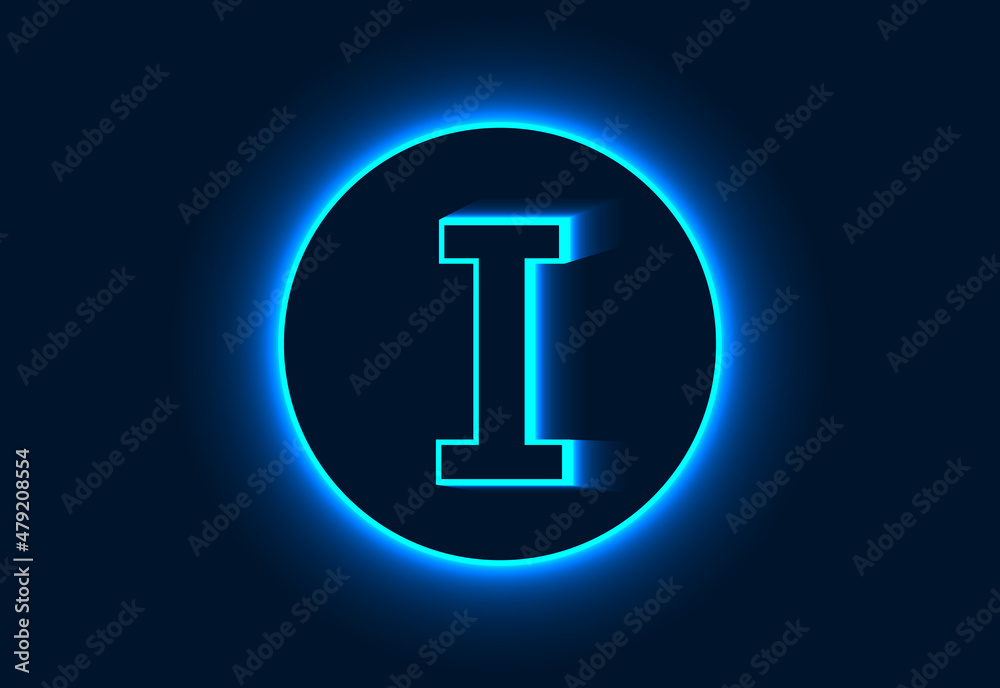 Initial I monogram alphabet in a neon circle. Initial I monogram alphabet in a neon circle.