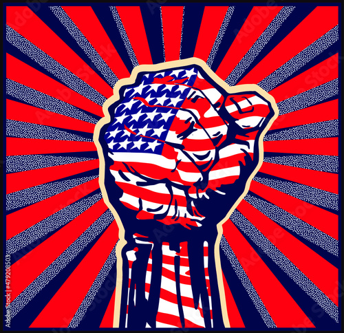 Fényképezés Vector illustration of raised USA flag fist in a red, blue and white ray background in the style of soviet propaganda posters