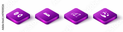 Set Isometric Date fruit, Muslim man prays, Oil pump or pump jack and Wudhu icon. Vector