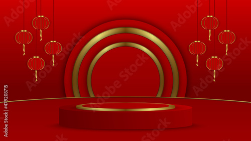 podium around the stage and art paper chinese new year, chinese festival, chinese festival, mid autumn festival, red paper cut and handcrafted stylish Asian elements on the background.