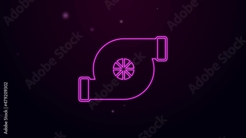 Glowing neon line Automotive turbocharger icon isolated on black background. Vehicle performance turbo. Turbo compressor induction. 4K Video motion graphic animation