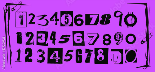 Punk typography vector numbers design collection. Dirty textured type specimen set of numeric characters from 1 to 0 for grunge font flyers and posters design or ransom note designs.