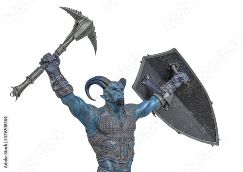 evil warrior is holding up an axe and shield with anger close up view © DM7