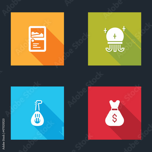 Set Card game collection, Magic ball, Lute and Old money bag icon. Vector