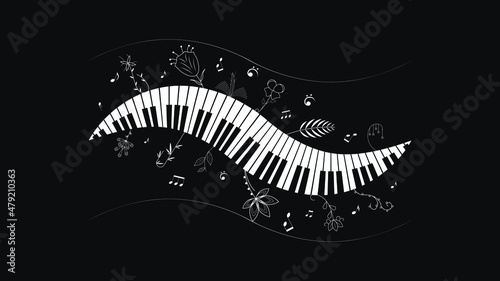 Abstract Piano Keys Music Keyboard Instrument With Plants Brunch Botanical Doodle Outline Melt Song Melody Vector Design Style