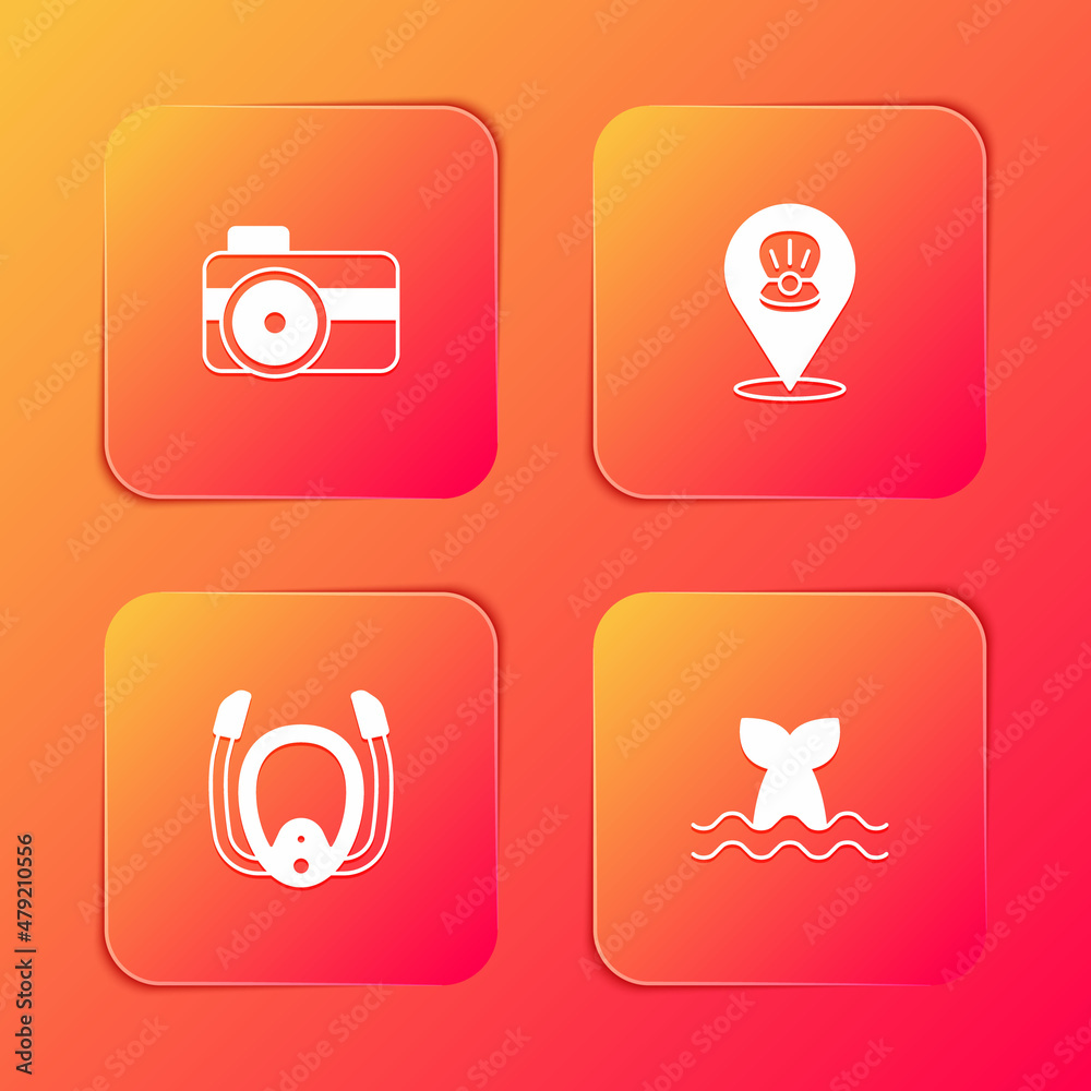 Set Photo camera for diver, Scallop sea shell, Diving mask with snorkel and Whale tail icon. Vector Set Photo camera for diver, Scallop sea shell, Diving mask with snorkel and Whale tail icon. Vector