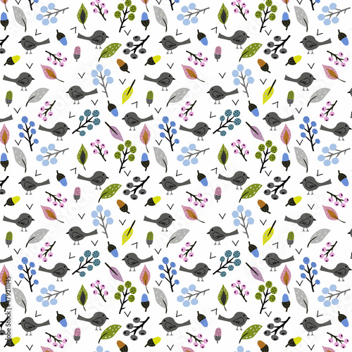 Seamless pattern with birds, leaves, branches, acorns.