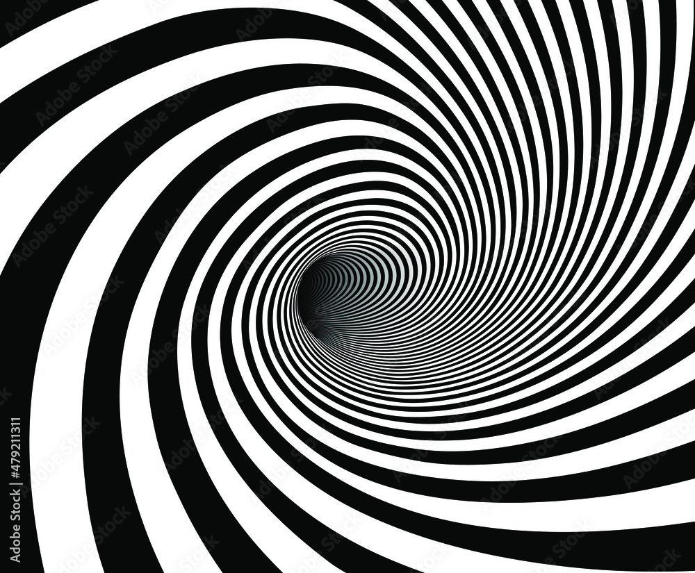 Vector shaded 3D illustration of tunnel vortex view with geometrical hypnotic black and white flowing inside a hole.  - obrazy, fototapety, plakaty 