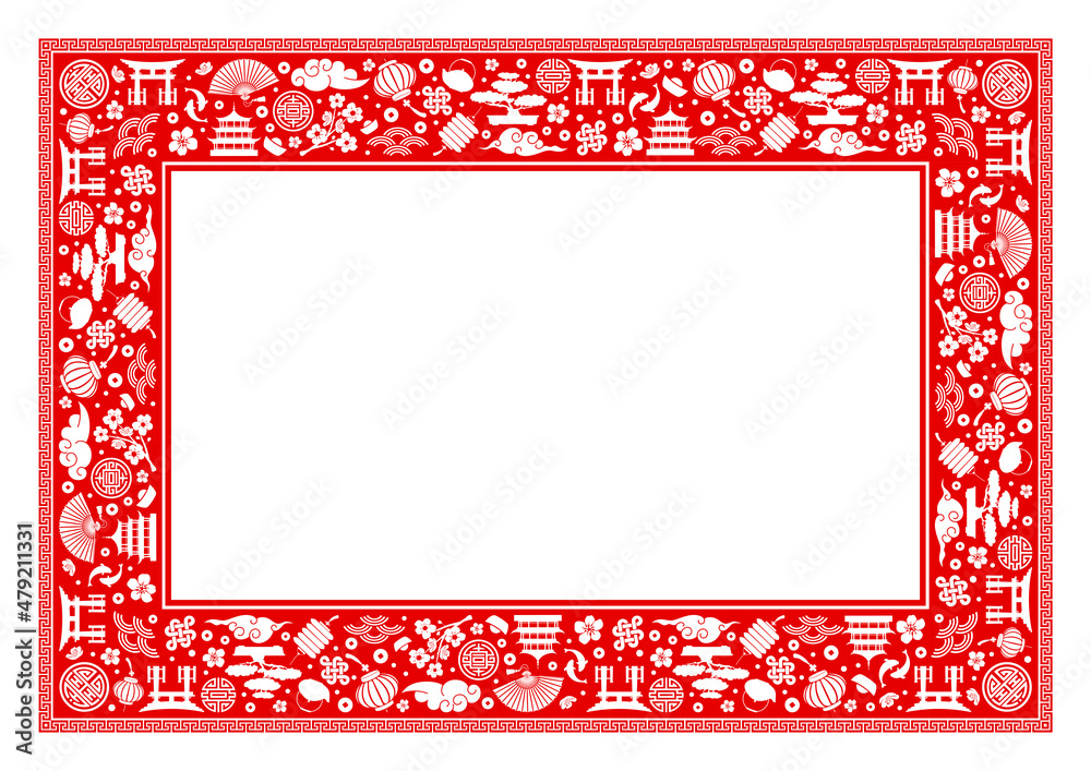 Oriental chinese rectangle frame. Traditional asian objects, paper lanterns, clouds, fans, fish, auspicious symbols etc. Red and white colours. Vector illustration. Oriental chinese rectangle frame. Traditional asian objects, paper lanterns, clouds, fans, fish, auspicious symbols etc. Red and white colours. Vector illustration.