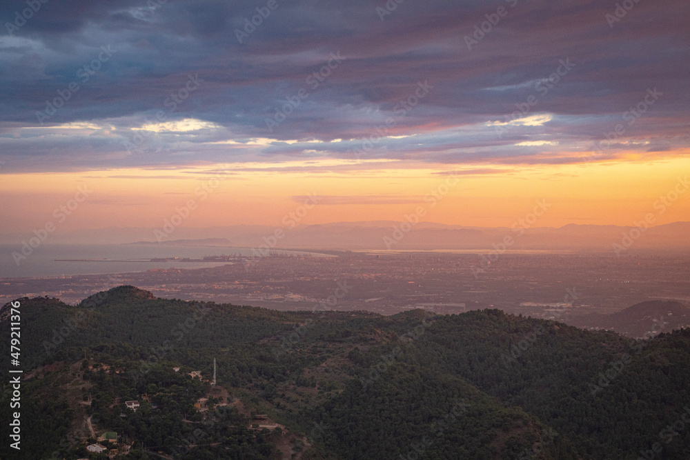 Sunset over the region of Valencia from the Mirador Garbi, Spain