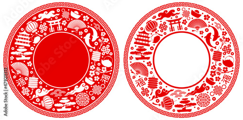 Oriental chinese circle frame set. Traditional asian objects, paper lanterns, clouds, fans, fish, auspicious symbols etc. Red and white colours. Vector illustration.