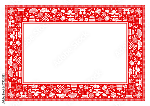 Oriental chinese rectangle frame. Traditional asian objects, paper lanterns, clouds, fans, fish, auspicious symbols etc. Red and white colours. Vector illustration.