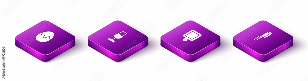 Set Isometric Broken egg, Wine glass, Cutting board and Meat chopper icon. Vector Set Isometric Broken egg, Wine glass, Cutting board and Meat chopper icon. Vector
