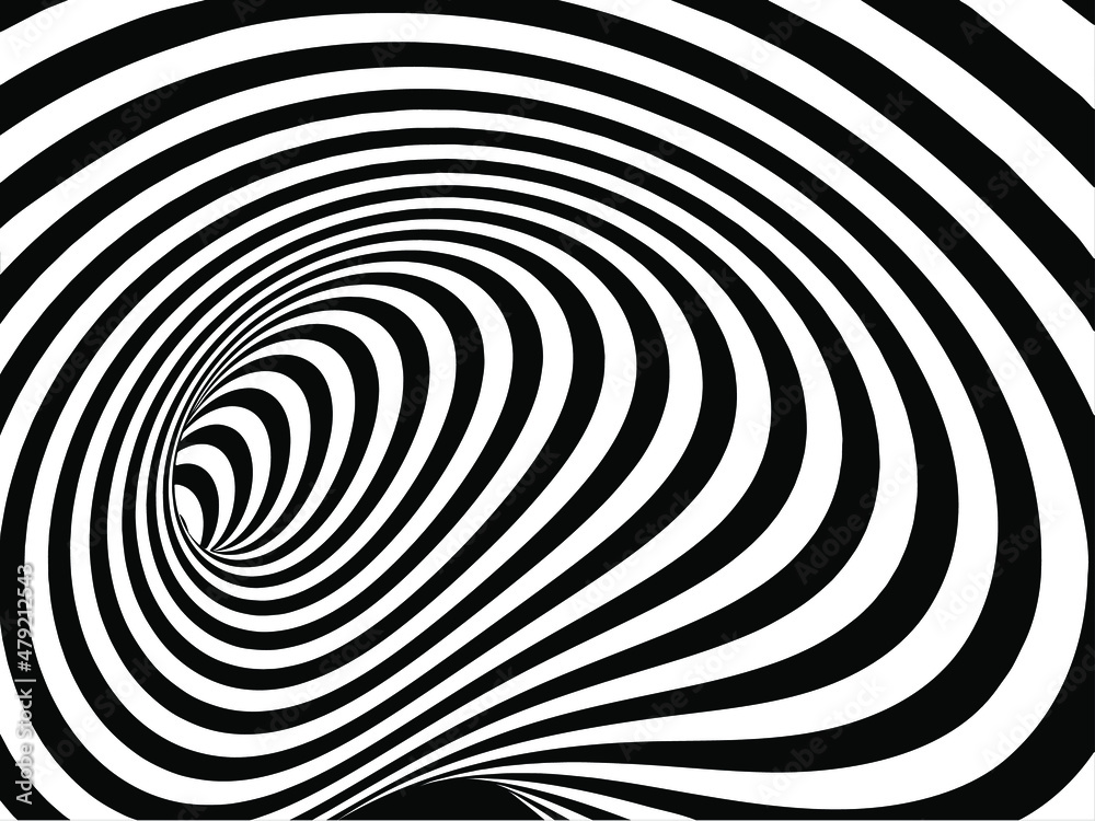 Vector optical art illusion of striped geometric black and white abstract surface flowing like a hypnotic worm-hole tunnel. Optical illusion style design. Vector optical art illusion of striped geometric black and white abstract surface flowing like a hypnotic worm-hole tunnel. Optical illusion style design.