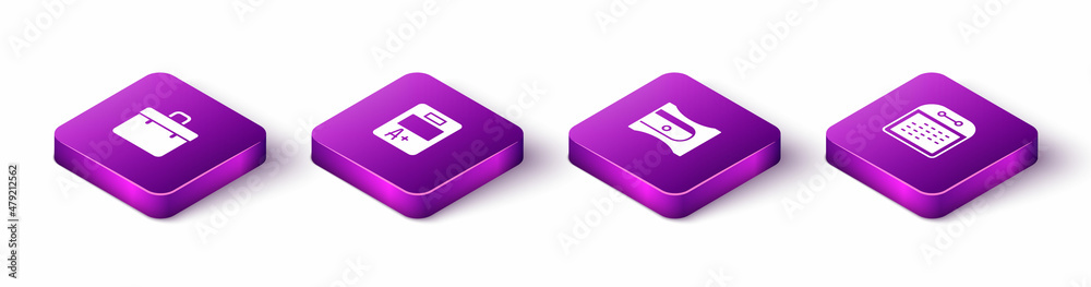 Set Isometric Briefcase, Exam sheet with A plus grade, Pencil sharpener and Calendar icon. Vector Set Isometric Briefcase, Exam sheet with A plus grade, Pencil sharpener and Calendar icon. Vector