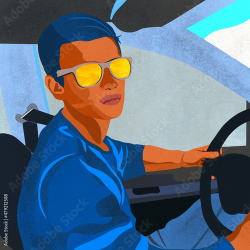 Ilustracja młody mężczyzna w żółtych okularach za kierownicą samochodu