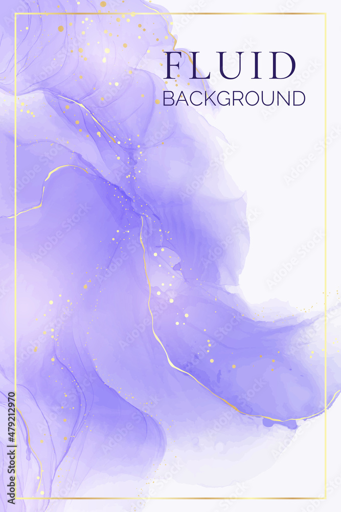 Violet lavender liquid watercolor marble background with golden lines. Pastel purple periwinkle alcohol ink drawing effect. Vector illustration design template for wedding invitation, menu, rsvp