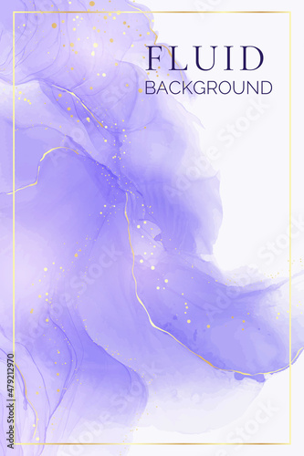 Violet lavender liquid watercolor marble background with golden lines. Pastel purple periwinkle alcohol ink drawing effect. Vector illustration design template for wedding invitation, menu, rsvp