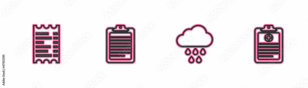 Set line Paper or financial check, Cloud with rain, Clipboard document and Clinical record icon. Vector Set line Paper or financial check, Cloud with rain, Clipboard document and Clinical record icon. Vector