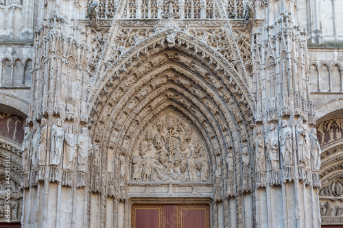 Multitude of elaborate relief sculptures on front of gothic church