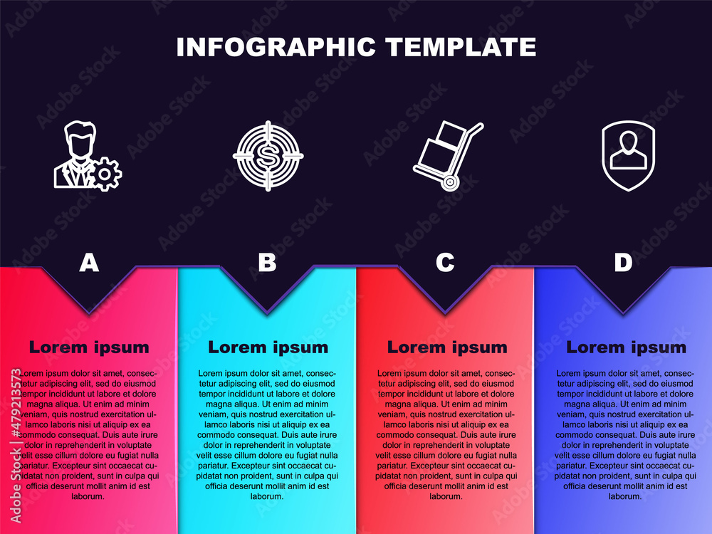 Set line Profile settings, Target with dollar, Hand truck and boxes and User protection. Business infographic template. Vector