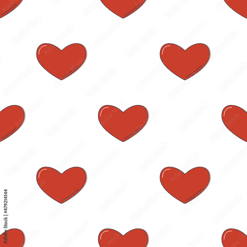 Line art seamless pattern in the form of a red heart on white background. Romance graphic texture. Holiday celebration concept. Decorative print. Geometric bright wallpaper. Black contour line