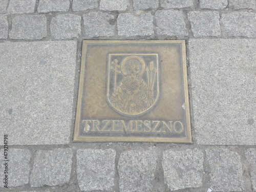 Trzemeszno Coat of Arms on the stones of the main square in Gniezno. Gniezno, Poland.