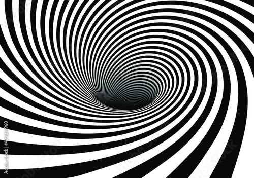 Vector optical art illusion of striped geometric black and white abstract line surface flowing like a hypnotic worm-hole tunnel. Optical illusion style design.