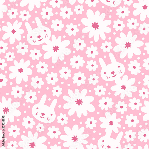 Funny rabbit and flowers seamless background. Vector illustration.