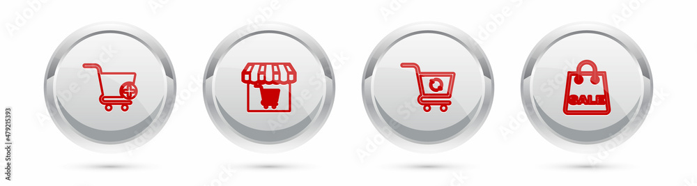 Set line Add to Shopping cart, Market store with shopping, Refresh and bag Sale. Silver circle button. Vector Set line Add to Shopping cart, Market store with shopping, Refresh and bag Sale. Silver circle button. Vector