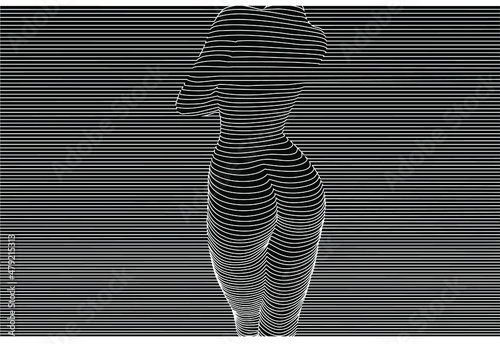 Black and white vector illustration of 3D relief of a nude woman sexy body made of white horizontal lines on black background.