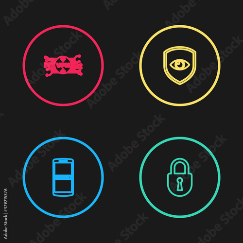 Set line Mobile and password, Lock, Shield eye and VPN with microchip circuit icon. Vector