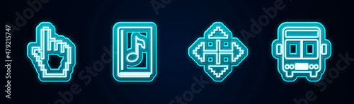 Set line Pixel hand cursor, Audio book, arrows in four directions and Bus. Glowing neon icon. Vector
