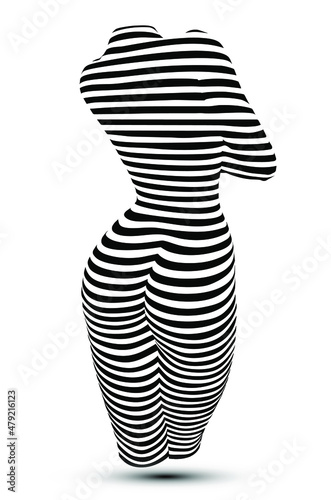 Black and white vector illustration of 3D relief of a nude woman sexy body made of horizontal lines isolated on white background.