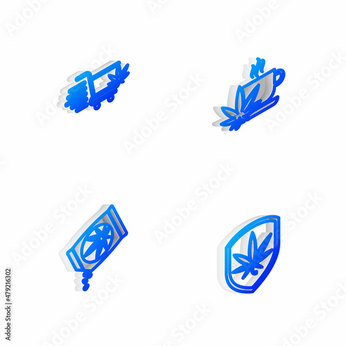 Set Isometric line Cup tea with marijuana, Shopping cart, Marijuana or cannabis seeds and Shield and icon. Vector